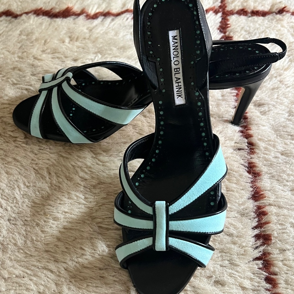 Manolo Blahnik Sky Blue Suede and Black Leather Sandals Shoes Mules 37.5 / 7